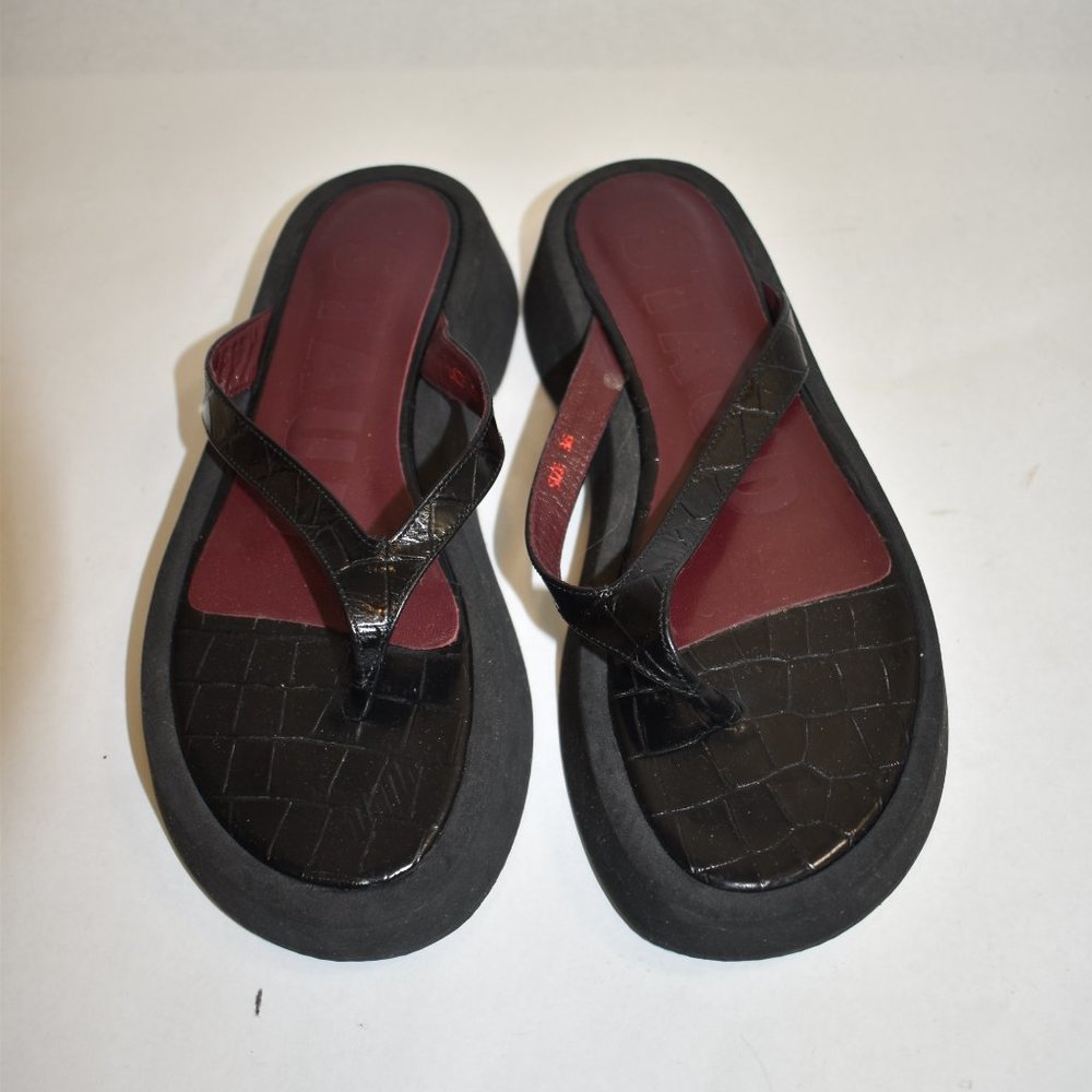 $330 Staud Tessa Croc-Embossed Leather Platform Thong Sandals Black 36 (Me2) View 2